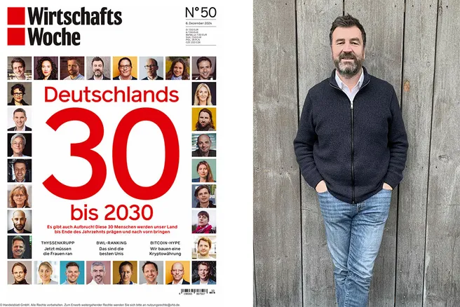 Auf der linken Seite des Bildes ist das Cover der Wirtschaftswoche mit der Coverstory "Deutschlands 30 bis 2030" abgebildet. Auf der rechten Seite ist eine Fotografie von Florian Nagler in Jeans und dunkelblauer Jacke vor einem Hintergrund aus Holzlatten.